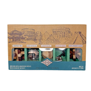 True Genius Ancient Treasures 5-Piece Wood & Metal Brain Teaser Puzzle Set NIB